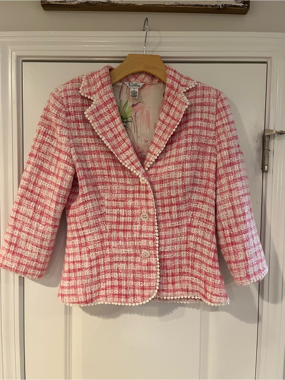 Lilly Pulitzer Pink & White Tweed Pom-Trim Blazer Jacket